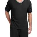 PrinStory Men's Pajamas Set Sleepwear Lightweight Short Sleeve Shirts and Shorts Soft 2 Piece Lounge Set Cozy Nightwear (Medium, Black)