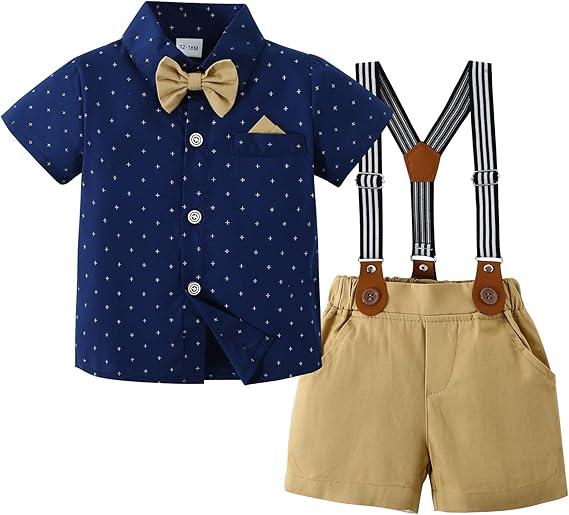 nilikastta Toddler Baby Boy Outfits Boys Gentleman Wedding Suits Set Summer Formal Short Shirt/Bowtie/Suspender 1-5T