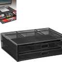 Mesh Desk Organizer with Dual Storage Drawers - Sturdy Metal Monitor Stand Riser for PC Laptop Printer, Ergonomic Design Office Supplies, Black Desktop Organizer