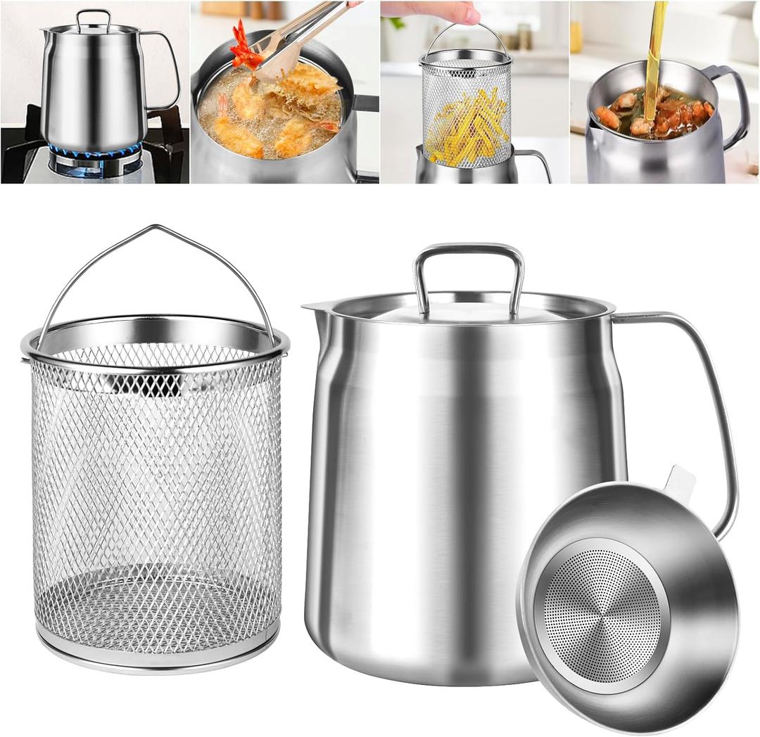 304 Stainless Steel Oil Filter Pot,68oz Bacon Grease Container with Strainer,Cooking Oil Container With Frying Basket,Large Capacity Multifunctional Oil Strainer Pot for Kitchen and Camping (2L)