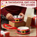 Qinyoung Christmas Pet Food Bowl for Small Dog Cat, 7oz Red Santa Belt 2 in 1 Dog Food Water Bowl Stainless Steel Ceramic Stackable Pet Dish Water Feeder Non Slip Easy Clean 5.51 x 4.33 x 1.77 Inch