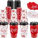 50 Pcs Disposable Paper Cups with Lids and Sleeves 16 oz Red White Hearts Paper Coffee Cups for Wedding Anniversary Party Supplies