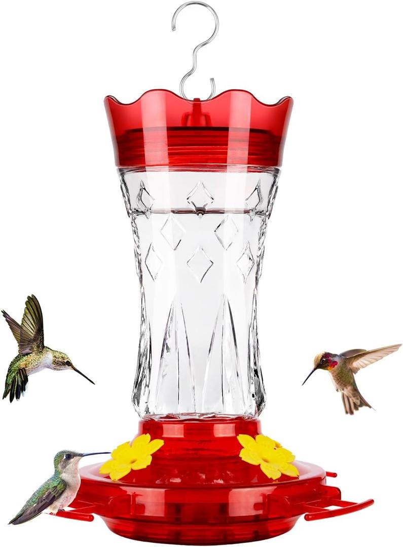 BOLITE Glass Hummingbird Feeders for Outdoors Hanging, Built-in Ant Moat, 4 Bee Guard Feeding Ports with Perches, Leak Proof, 15 Ounces, Stars Decor, Red, Gifts for Women Men, Gifts for Mom Dad