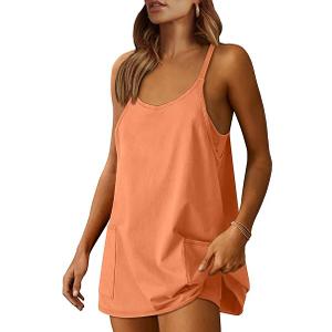ANRABESS Women Athletic Dress Summer Tennis Workout Active Sports Mini Romper Dress Built in Shorts Travel Vacation Clothes (Medium, Orange)