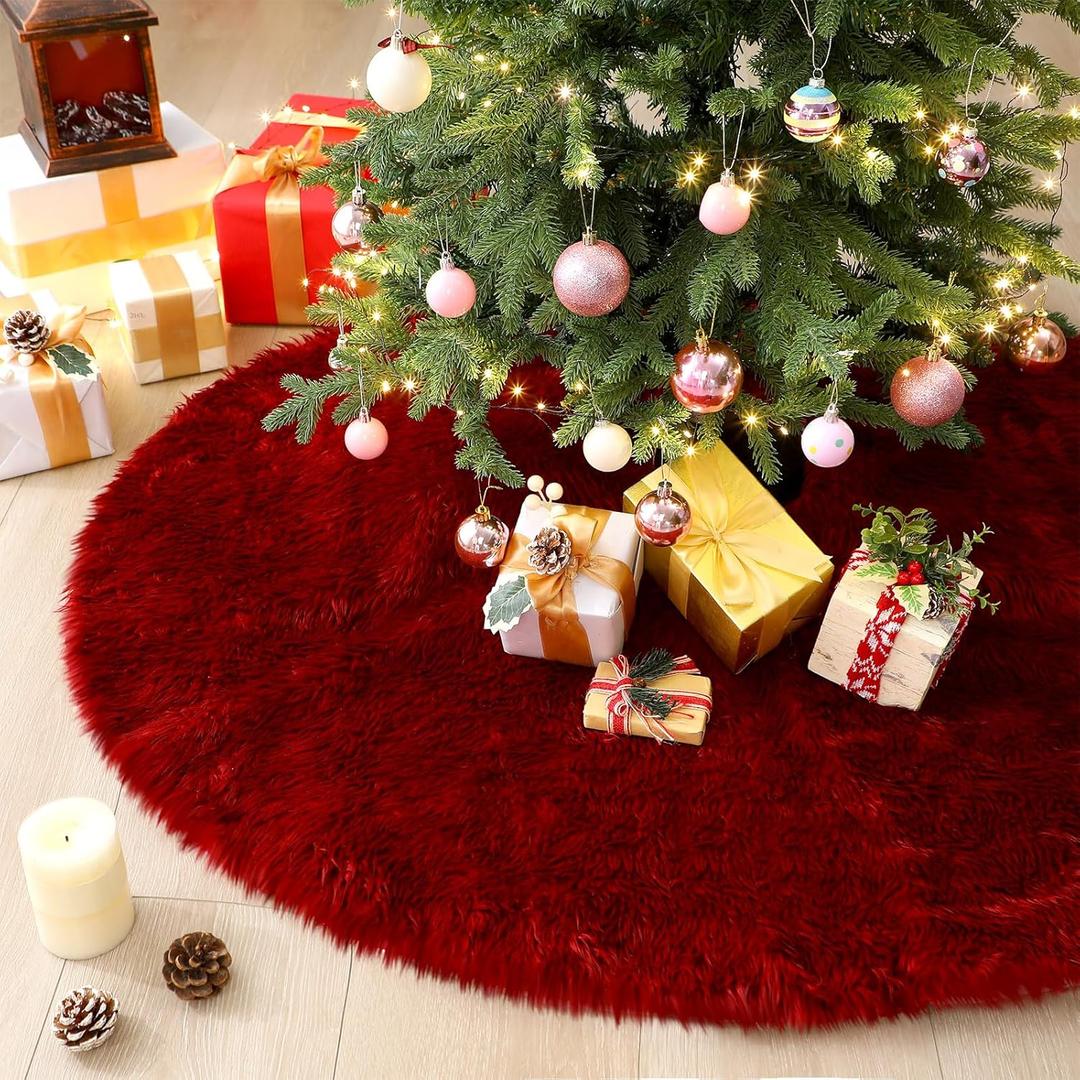 Civaner Burgundy Red Christmas Tree Plush Skirts Decorations Faux Fur Plush Christmas Tree Skirt Merry Xmas New Year Holiday Party Decorations for Indoor Home Ornaments(48 Inch)