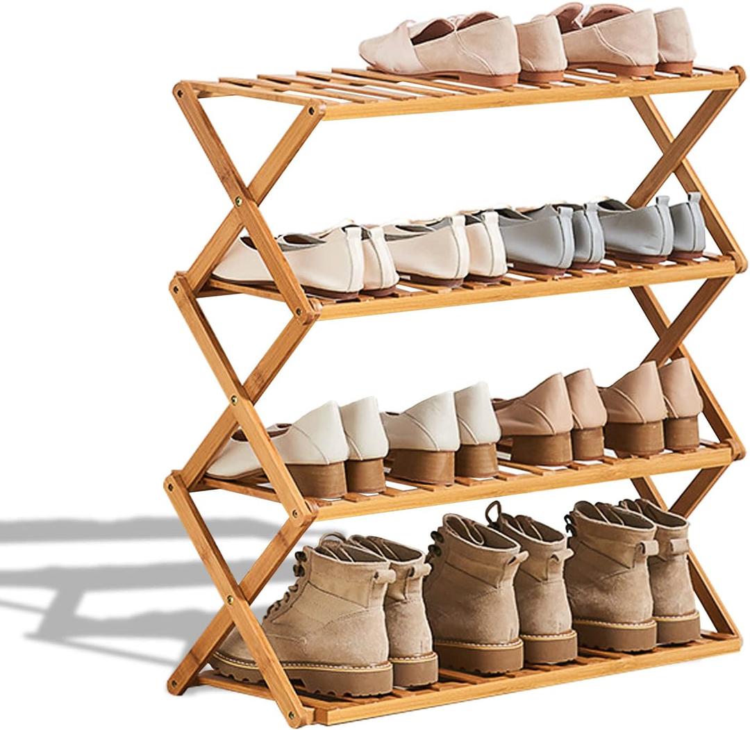2 to 5 Tier Shoe Rack, Multi Tier Foldable Bamboo Shoe Organizer Rack Multifunctional Storage Free Standing Shoe Shelf. (4 Tier (27 feet Wide))