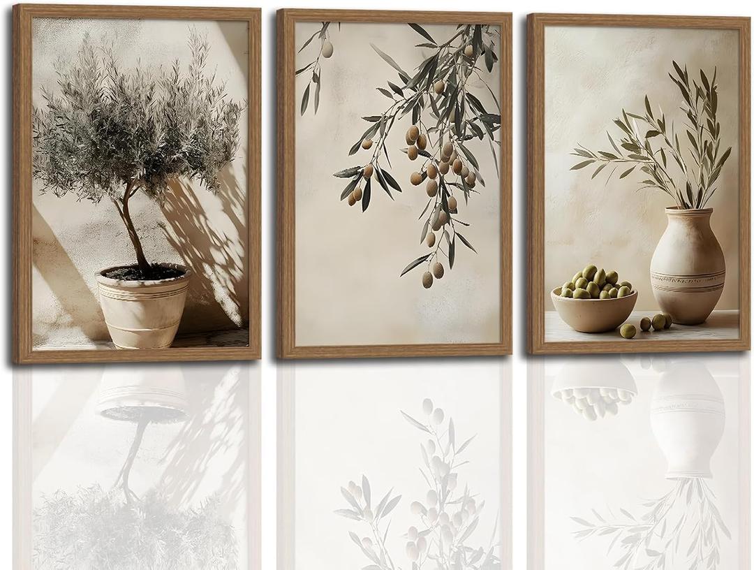 3Pcs Wooden Framed Tree Botanical Canvas Wall Art Mediterranean Olive Branch Painting Prints Poster, Rustic Farmhouse Neutral Picture Decor for Living Room Bedroom Kitchen Dining Room 12x16in