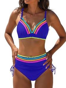 popvil High Waisted Bikini Sets for Women Tummy Control Swimsuits Two Piece Neon V Neck Drawstring Bathing Suits 2026 (Small, royal blue)