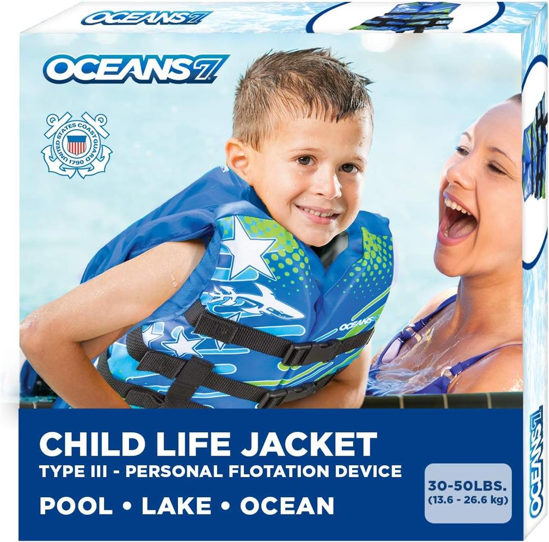 Aqua Oceans 7 Life Jacket for Kids - US Coast Guard Approved Life Vest for Infant, Child & Youth Boys and Girls, Open-Side PFD for Boating, Swimming & Water Sports (Child , Blue/White Child (30-50 lbs)