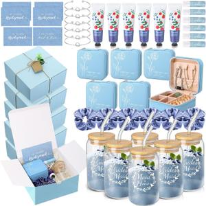 Teenyyou 60 Pcs Bridesmaid Proposal Gifts Bridesmaid Box Set Maid of Honor Gift Wedding Bridal Shower Include Jewelry Box Glass Cup Scrunchies Hair Knotted Bracelets Hand Cream Lip Balm Cards(Blue)