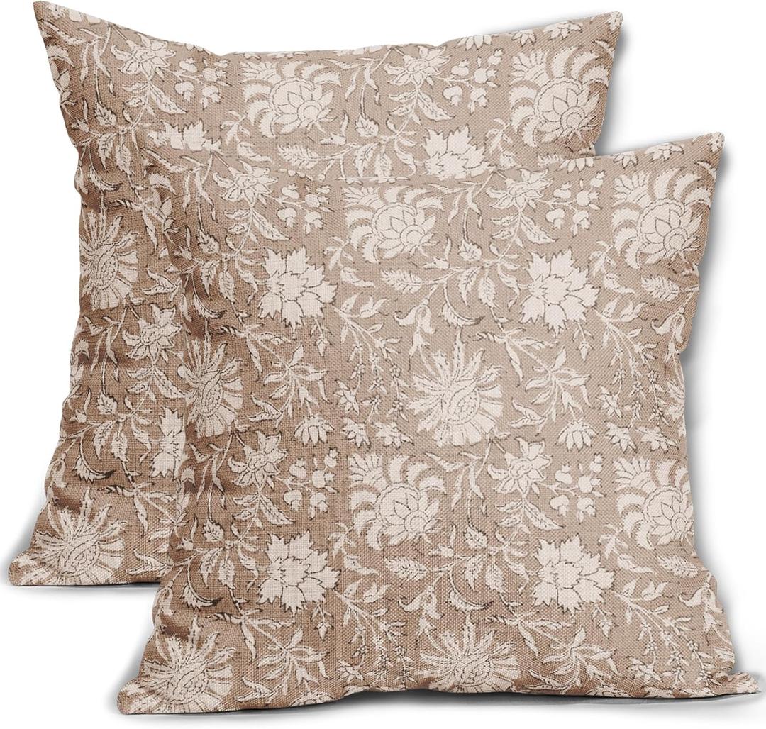 Light Brown Floral Pillow Covers 18x18 Set of 2 Cream Vintage Flower Block Print Pattern Decorative Throw Pillows Farmhouse Outdoor Rustic Square Cushion Cases Decor for Home Sofa Bed Couch