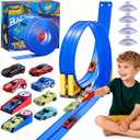 16Ft Flexible Race Track Set for Kids, DIY RollUp Racetrack with 2 Launchers & 6 Mini Cars, SuctionCup Portable Track Compatible with 1:64 DieCast Cars, Indoor & Outdoor Gift for Boys Girls 3+