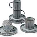 famiware Star Espresso Cups and Saucers Set of 4, [ Mini ] 3 oz Ceramic Small Coffee Mug with Handle, Ribbed Stoneware Demitasse Cup for Tea, Latte - Microwave & Dishwasher Safe - Smoky Blue