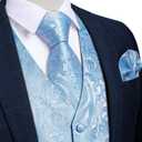 DiBanGu Mens Paisley Vest Tie Set with Lapel Pin Tie Clip 7PCS Silk V-Neck Suit Waistcoat and Necktie for Tuxedo Wedding (Blue, S)