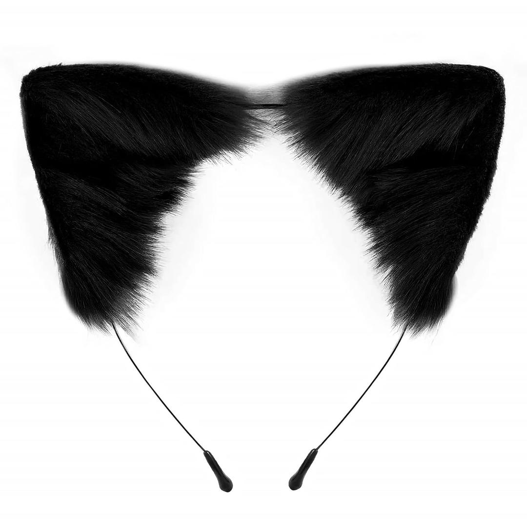 Edoneery Halloween Cat Fox Wolf Faux Fur Ears Headband, Handmade Hair Accessory for Adult Costume Cosplay & Fancy Dress Parties(Black)