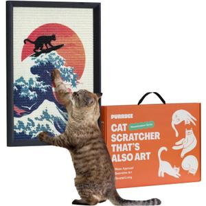Decorative Wall Art Cat Scratcher for Vertical Scratching, 14"x20" Framed Sisal Scratch Pad Mat with Renter-Friendly No-Drill Wall Mounted Setup, Durable Alternative to Cardboard (The Cat Wave)