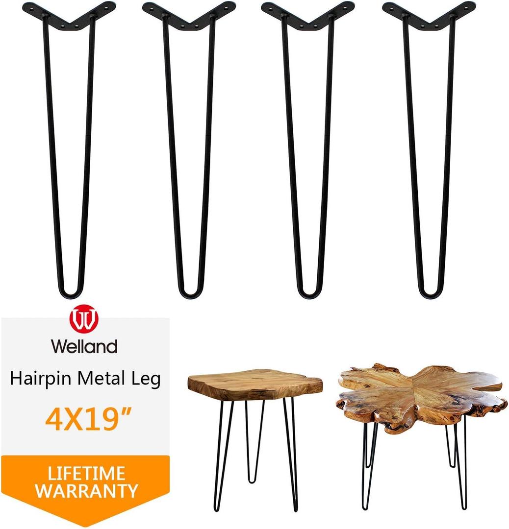 WELLAND 19" Satin Black Hairpin Metal Legs 1/2 Diameter Set of 4 with Free Screws Use to Home DIY Projects for Furniture