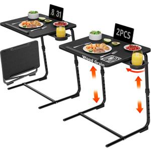 TV Trays Set of 2 - Folding TV Tray Adjustable Dinner Trays for Eating On Couch Wooden Tables Mate Stand Foldable Black Desk with Cup Holder Portable