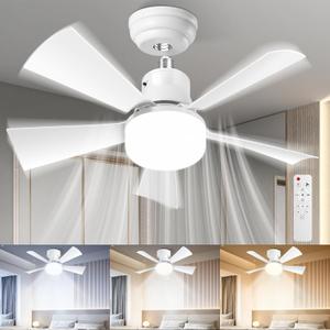 Socket Fan Light with Remote Control for Bedroom 3-Speed Quiet Ceiling Fan & LED Light Combo, Dimmable 3 Color Temperatures, Easy Socket Mount Fan Light for Bedroom/Office/Nursery (White)