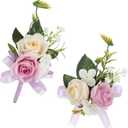 Alizeal 2Pcs of Wrist Corsage and Boutonniere Set, Artificial Flowers Accessories Suit Decor for Wedding Prom Party Homecoming Ceremony, Champagne+Orchid (One Size)