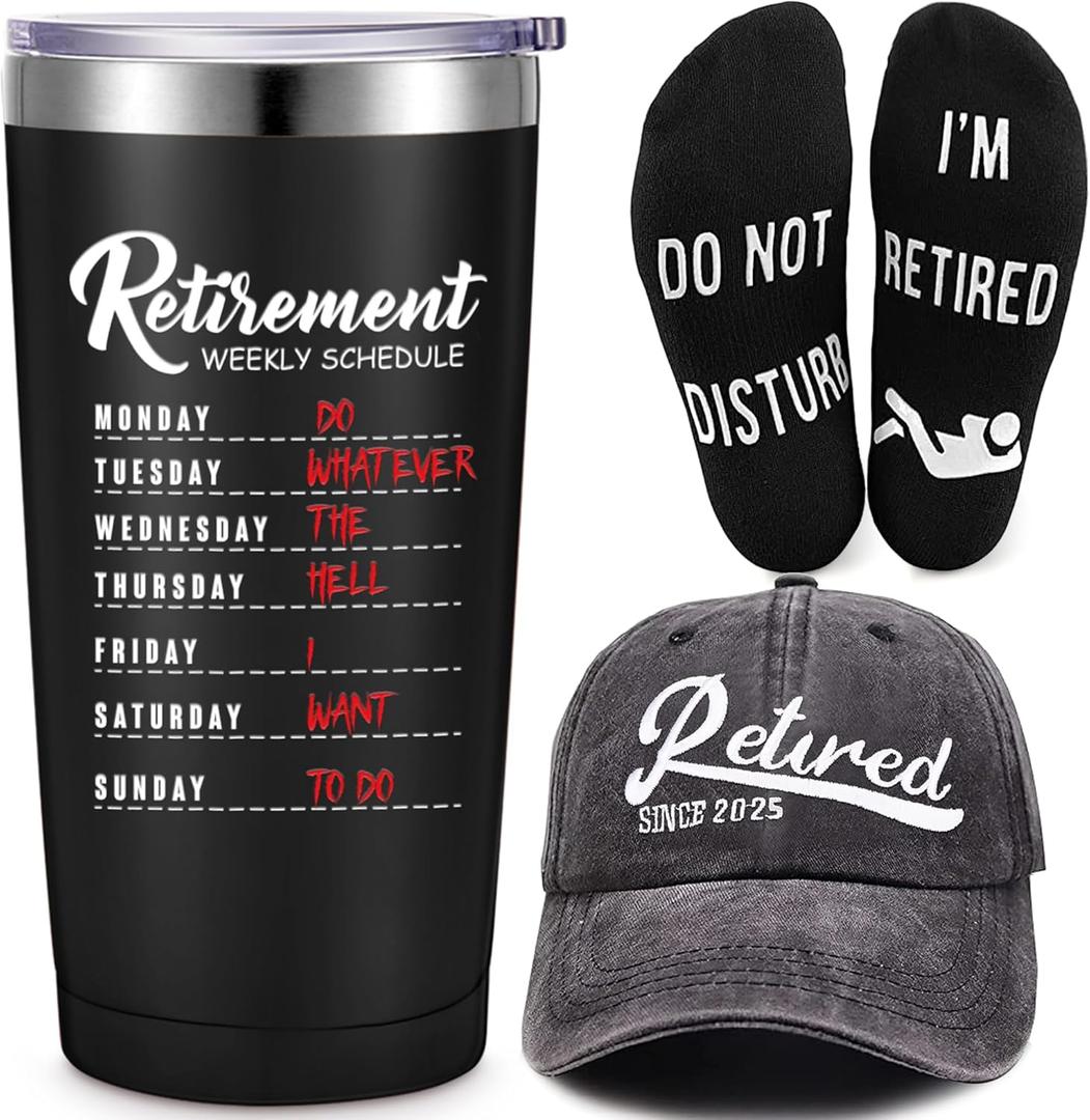 Sieral Retirement Gift Set for Men Guys Retired Gifts Include Tumbler Baseball Cap Socks Keychain with Gift Set, Adventure