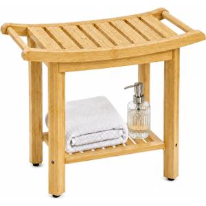 LGURT Bamboo Shower Bench, Rectangular Bathroom Stool, Non-Slip Wood Seat, 19.3"D x 9.1"W x 17.7"H