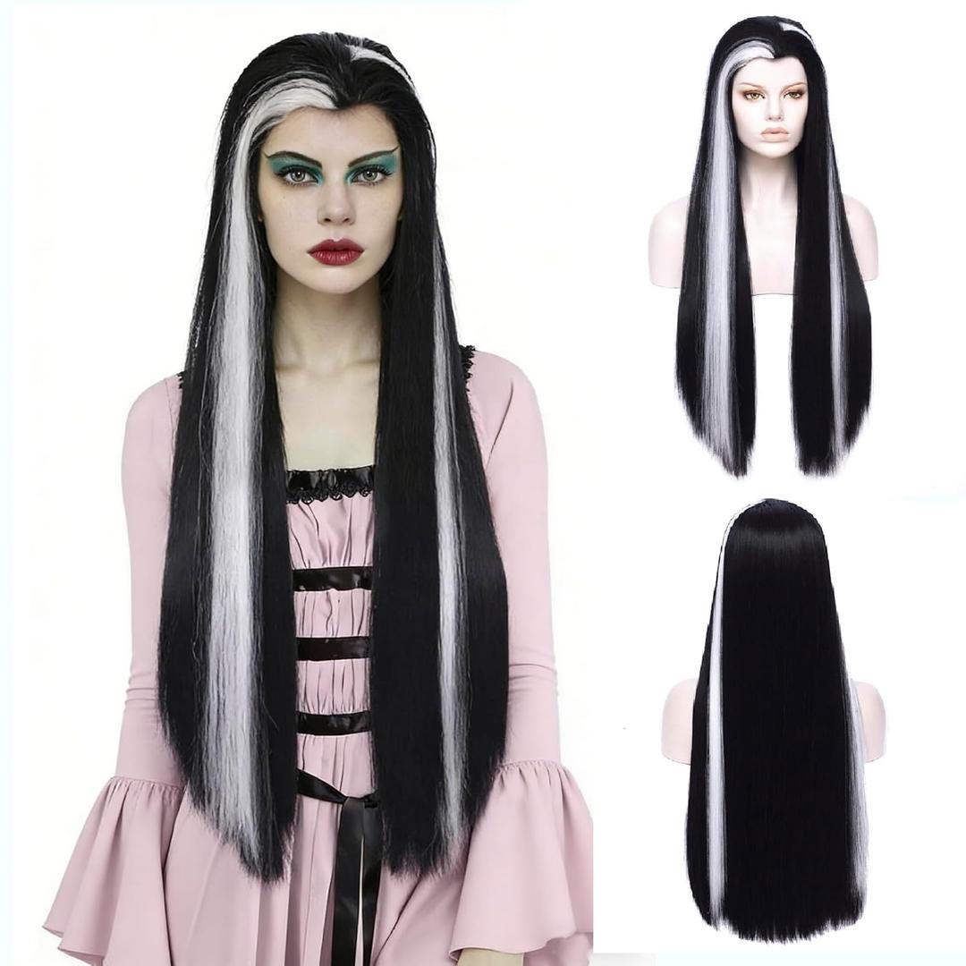 MORTICIA Long Straight Black and White Mixed Widow Peak Design Women Costume Wig