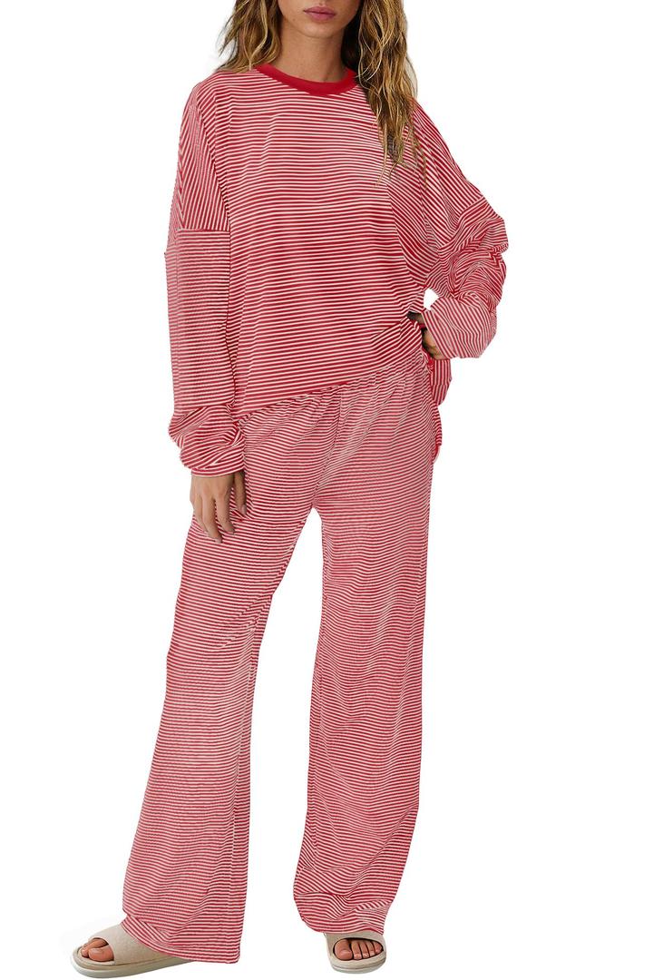 SENSERISE Womens Striped Lounge Set 2 Piece Outfits Striped Matching Pajama Sets Oversized Shirt Wide Leg Pants M