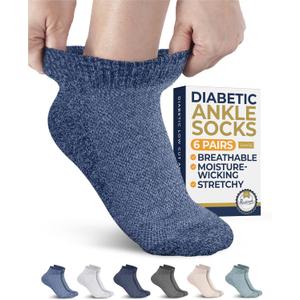 Pembrook Ankle Diabetic Socks for Women and Men - 6 Pairs | Low Cut Neuropathy Socks for Women | Smooth Toe Seams (Large, Blues & Neutrals Pack - 6 Pairs)