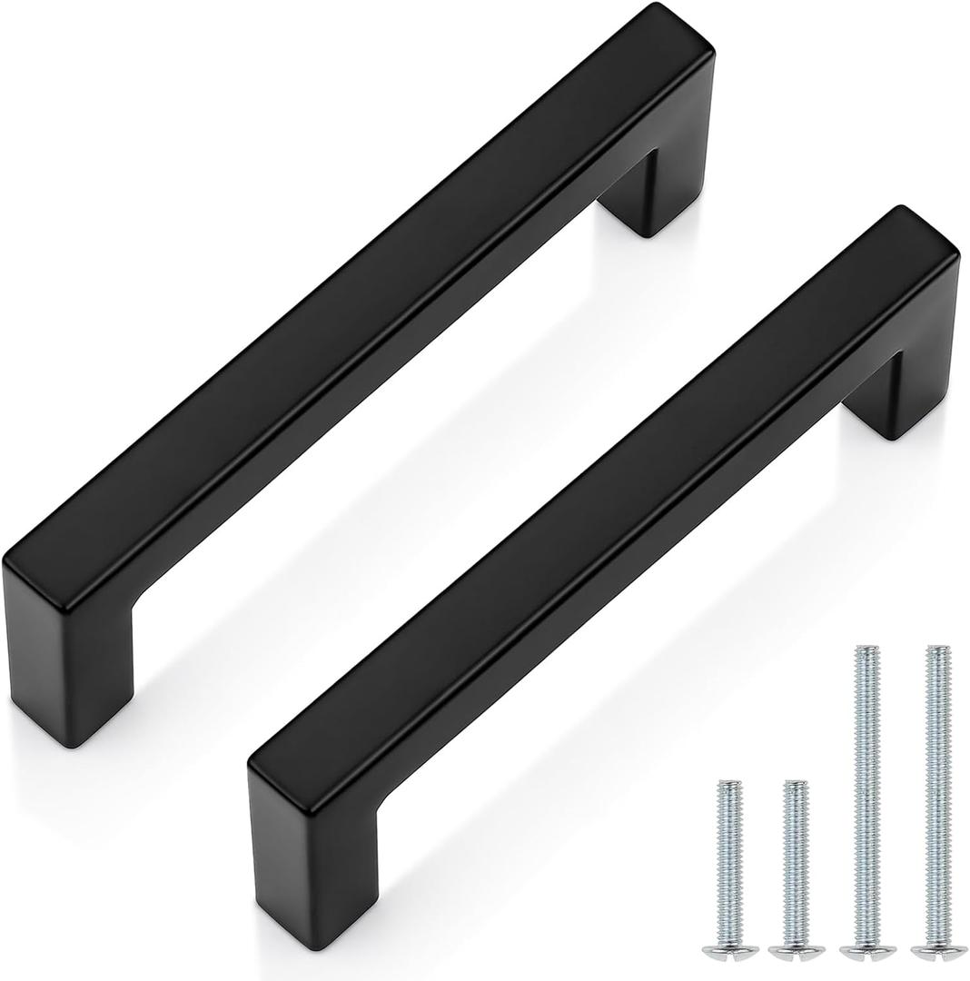 Probrico 5 Pack| Black Cabinet Handles 4 Inch(102mm) Hole Centers Drawer Pulls Stainless Steel Kitchen Cabinet Handles Matte Black Square Drawer Handles Modern Cabinet Hardware