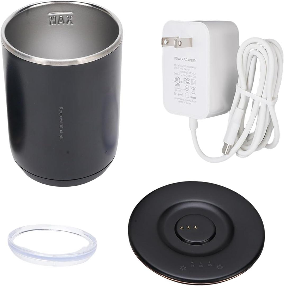 Pssopp 2 in 1 Self Stirring Heated Coffee Mug, Stainless Steel Smart Temperature Control Efficient Heating Electric Mixing Mug for Milk and Other Beverages(300ml) (Type 1)