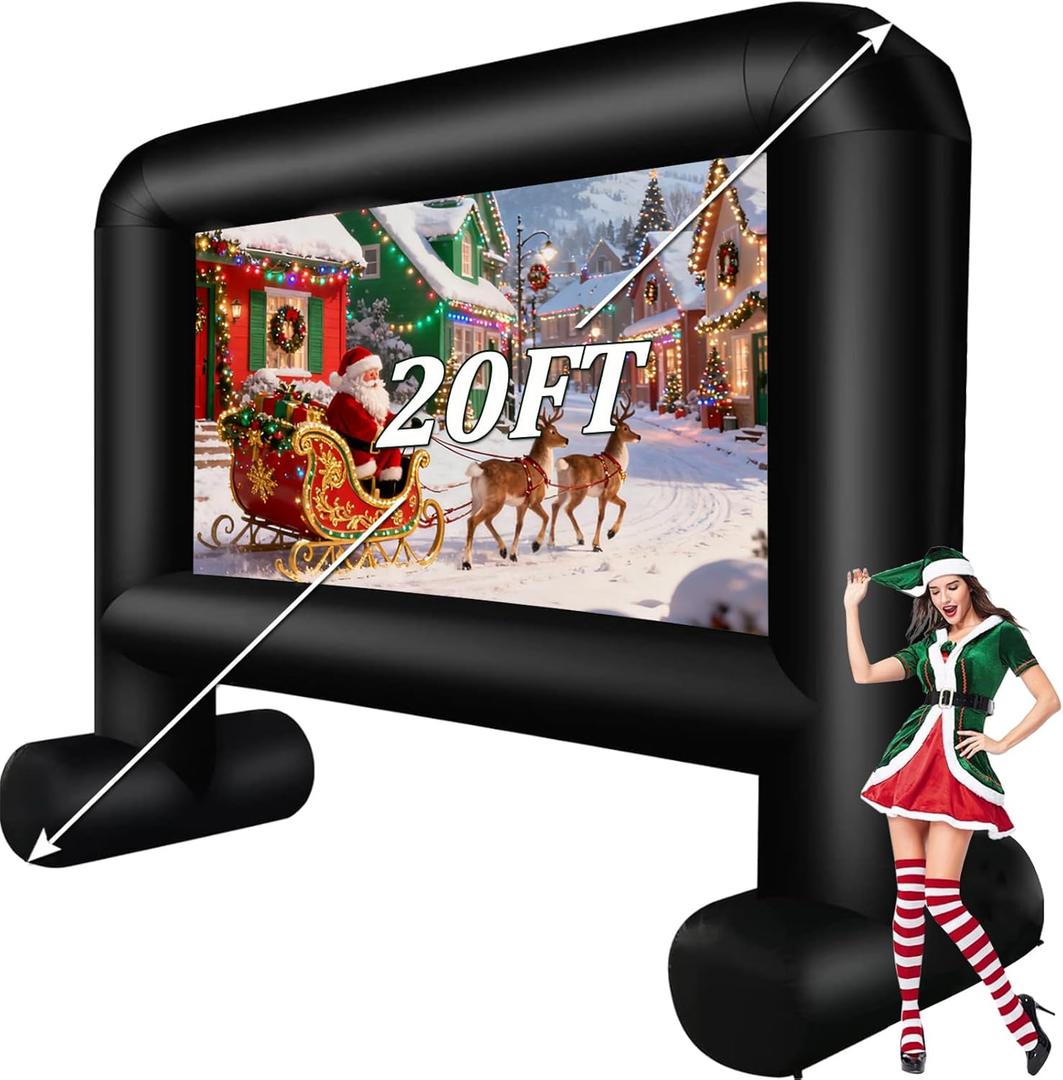 Inflatable Projector Screen Outdoor, 20FT Blow up Movie Screen Support Front & Rear Projection for Backyard Outdoor Movie Night Barbecue Pool Party with Blower and Carry Bag