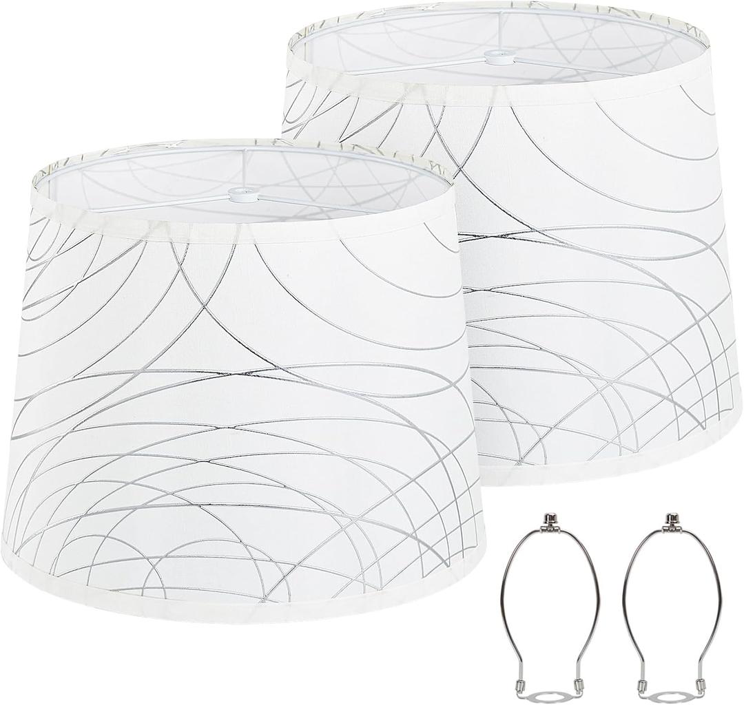 White Lampshades Set of 2 for Table Floor Lamp, Lampshades with with Line Design, 12.7" Top x 12.7" Bottom x 10" High, Natural Linen Hand Crafted, Lamp Shade Harp Holder Included (Beige, Silver)