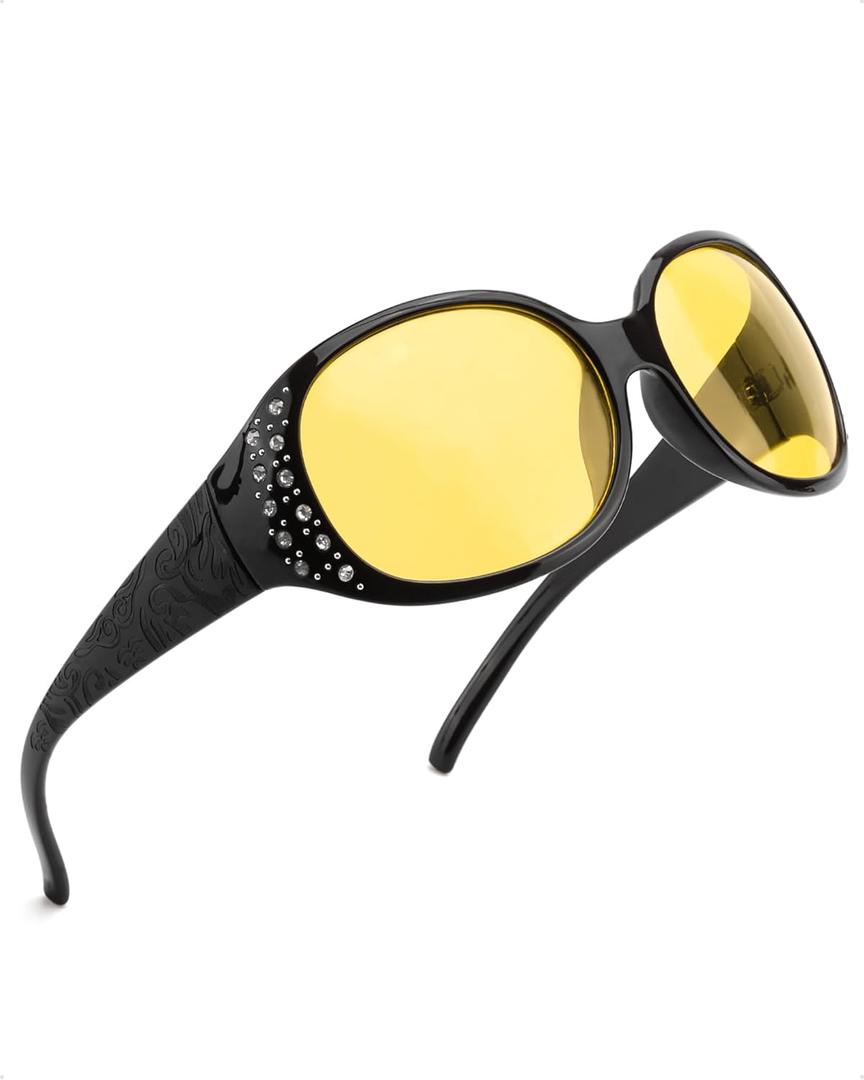 SODQW Night Vision Glasses for Women,Polarized Yellow Anti Glare Glasses with Diamond Accents for Night Driving (A03- Black/Yellow)