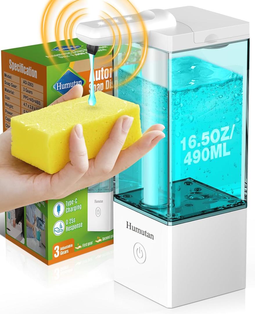16.5oz Rechargeable and Touchless Liquid Dish Soap Dispenser with Non-Slip Base & 3 Adjustable Levels, Automatic Hand Soap Dispenser for Bathroom, Kitchen, Hotel, Restaurant, Laundry