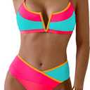 SOLY HUX Women's Color Block Bikini Set Spaghetti Strap V Wired Bathing Suit Summer Two Piece Swimsuit (Large, Pink and Blue)