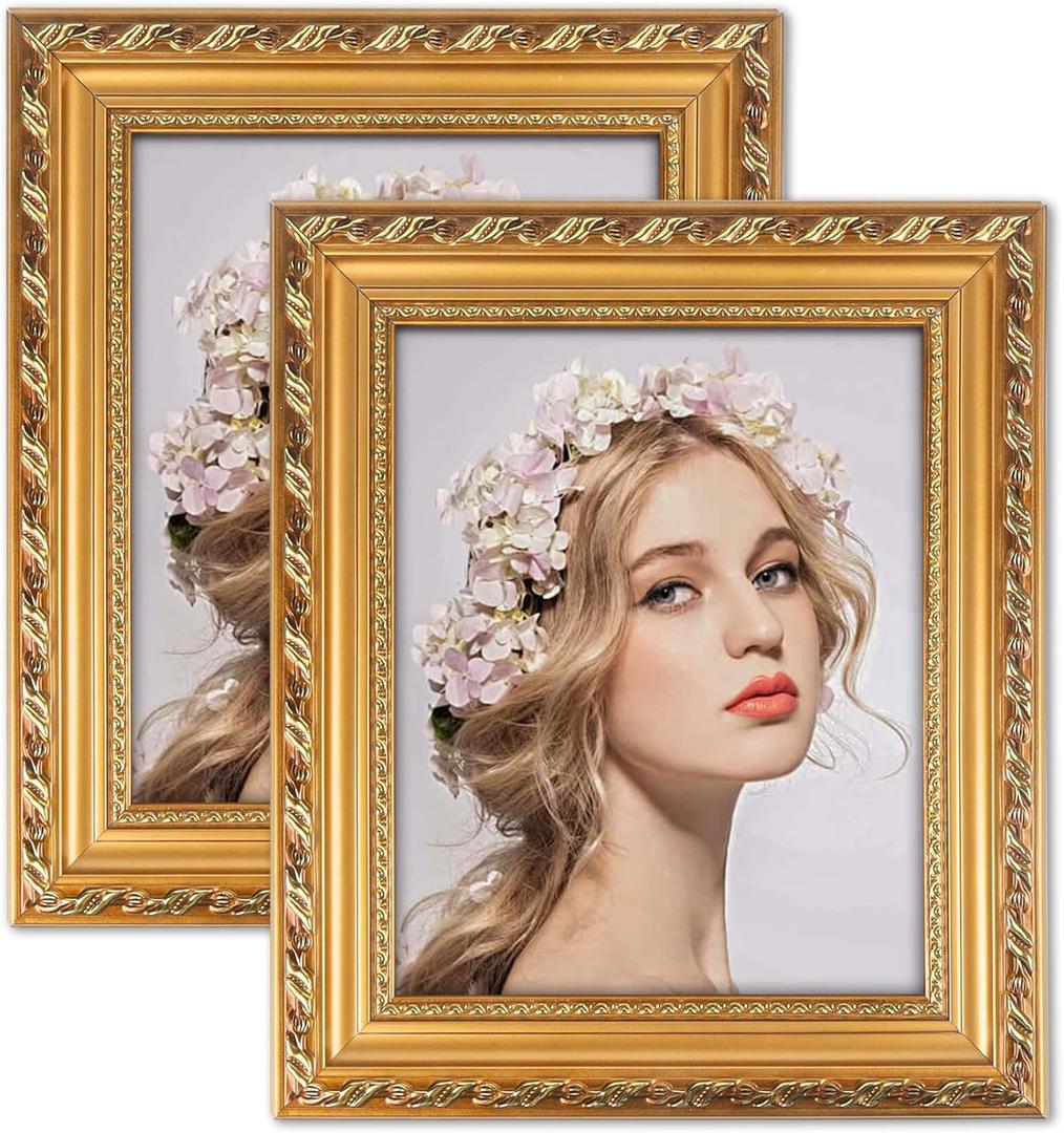 Gold 8x10 Picture Frame 2 Pack - Ornate Vintage Photo Frames for Wall or Tabletop, Solid Wood Wedding Frame 8x10 for Marriage Certificate Familiy with Easel Back & Hanger, Horizontal and Vertical Display for Home Gift, Desk Decor
