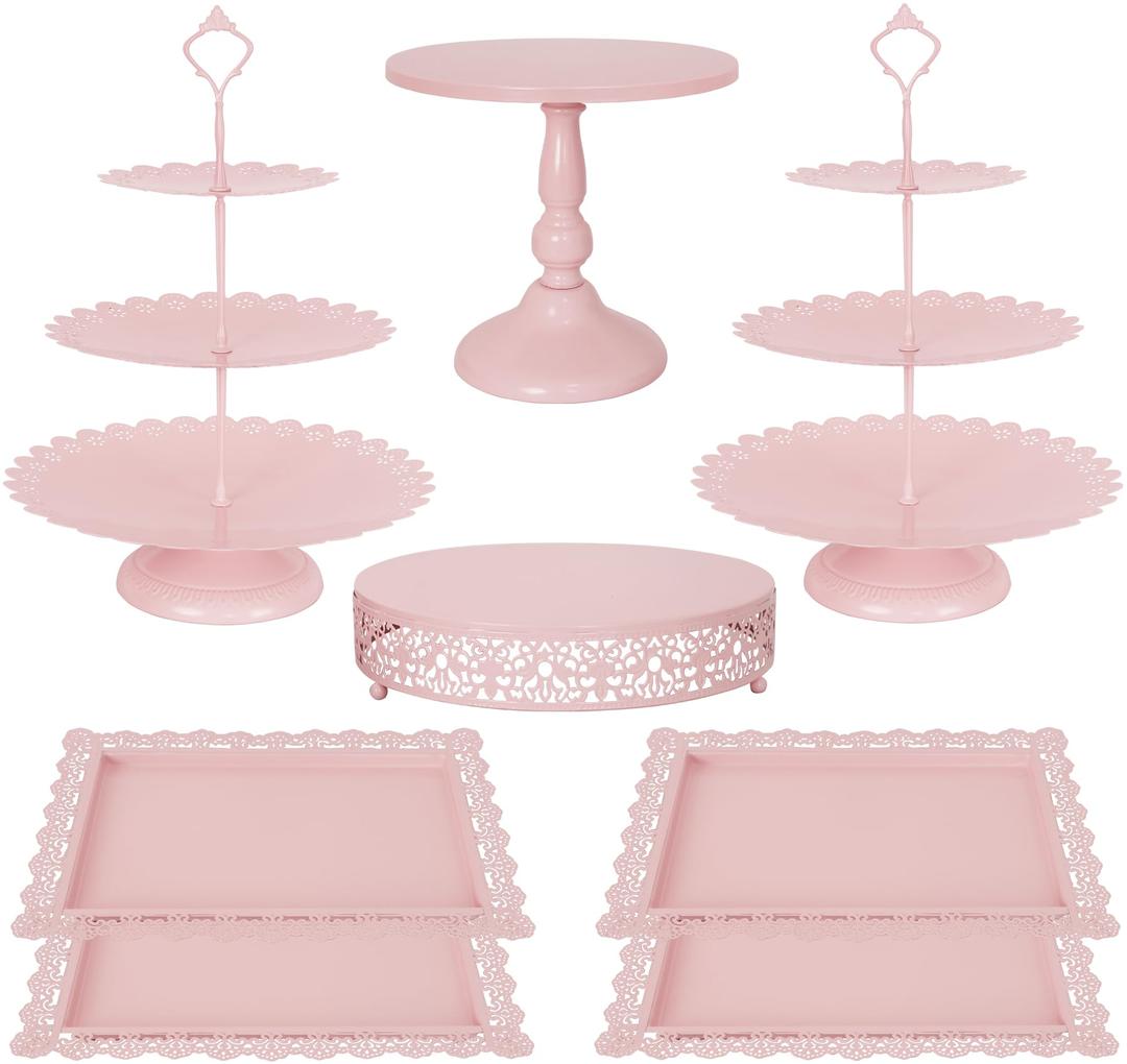 Fivenl 8 Pcs Cake Stand Pink Metal Dessert Table Display Set, 3-Tier Cupcake Stand, Cake Display Tower and Cookie Tray Rack Serving Tray for Birthday Party, Weddings, Baby Shower (Pink)