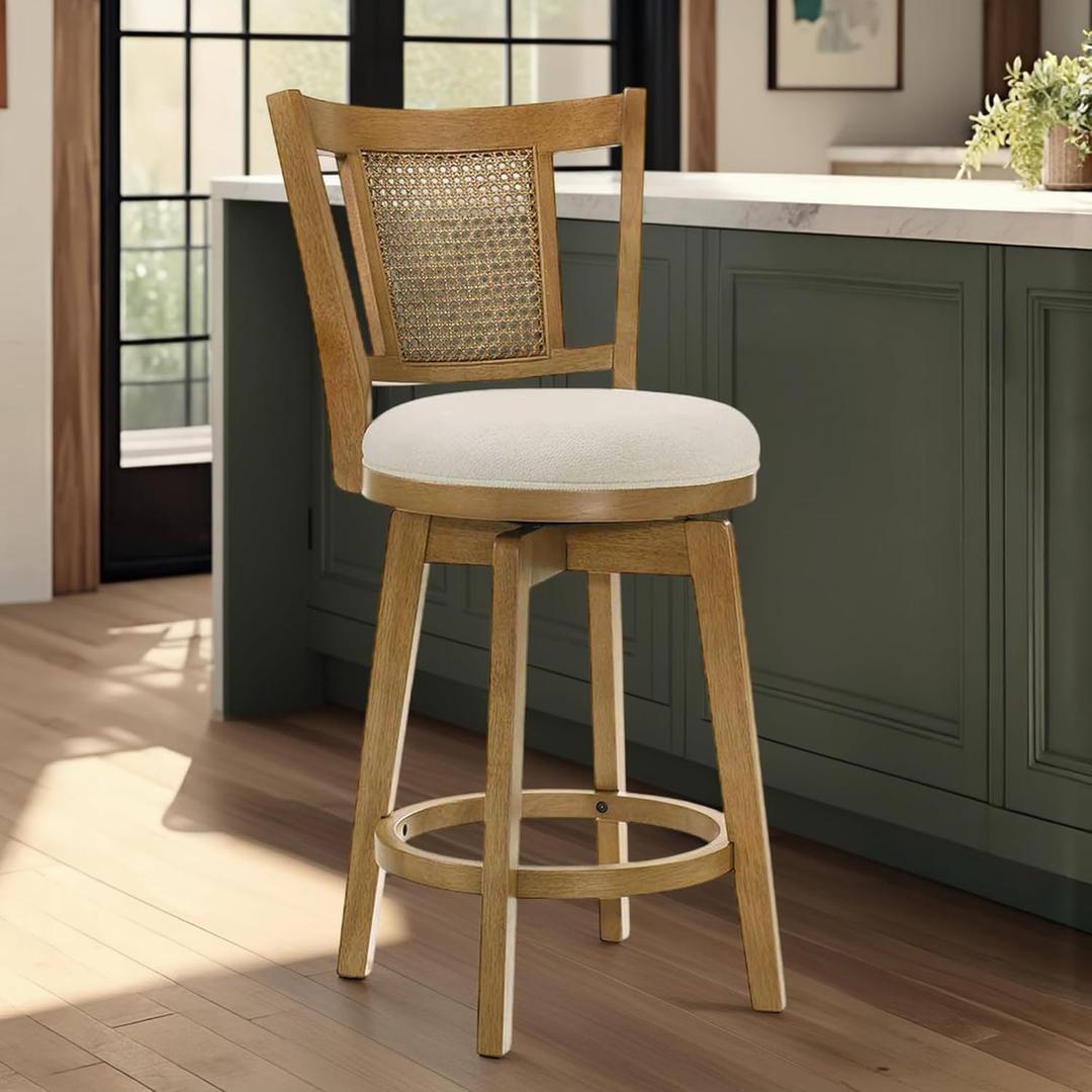 Armen living Isla 26 in. Amber Glow Counter Height Rubberwood Swivel Barstool with Ivory Fabric Seat (Counter Height Set of 1, Beige)