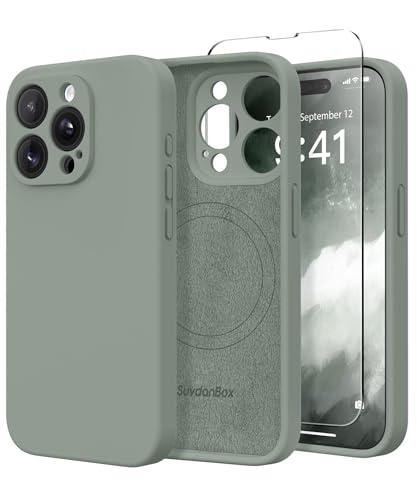 SuydanBox Magnetic for iPhone 15 Pro Max Case, Compatible with MagSafe, [Full Camera Protection][Screen Protector] Silicone Shockproof Protective Phone Case for iPhone 15 Pro Max 6.7", Calke Green