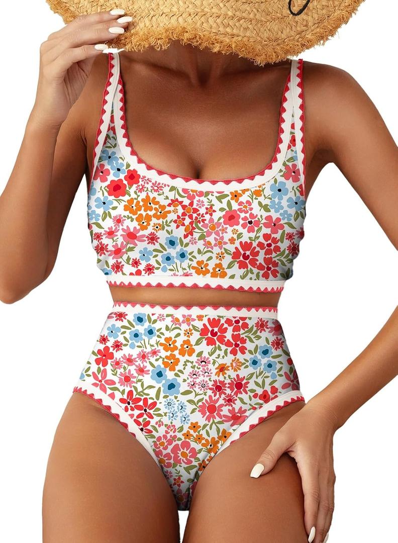 Herseas Women's Bikini Sets Floral Print Whip Stitch 2 Piece Swimsuits High Waisted Scoop Bathing Suits (Large)