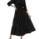 ZESICA Women's Casual Half Sleeve Tie V Neck Elastic High Waist Solid Color Flowy Tiered A Line Beach Party Maxi Dress, Black, Medium
