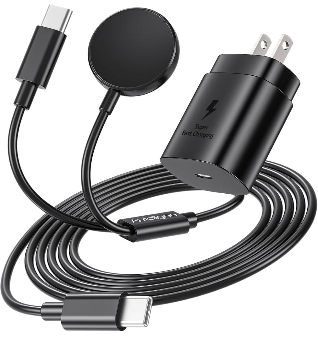 2 in 1 for Samsung Watch Charger, 25W USB C Fast Charger Compatible with Galaxy Watch 8/8 Classic/Ultra/7/6/6 Classic/5 Pro/5/4/4 classic/3/Active2/FE & Galaxy S26/S25/S24/S23/S22/21 & for iPhone 17