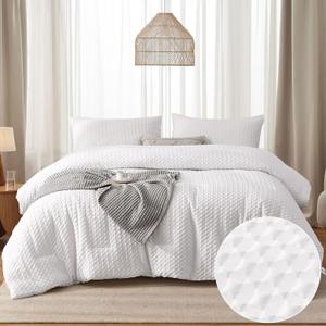 Yiran 3 Pieces Queen White Weave Comforter Set Waffle Seersucker Checkered Comforter with 2 Pillowcases Soft Microfiber Puckering Bedding Set 90"x90"