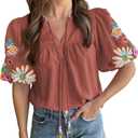 Women's Casual Floral Embroidered V Neck Boho Puff Short Sleeve Shirts Loose Tunic Summer Blouses Tops Fashion Clothes 2025 (Large)