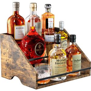 Nuovoware Liquor Bottle Display Shelf, Coffee Syrup Organizer, 3 Step Countertop Liquor Rack, Home Retro Shelf Stand for Mini Bar, Cabinet, Bar Essentials for Whiskey, Spirits, Wooden