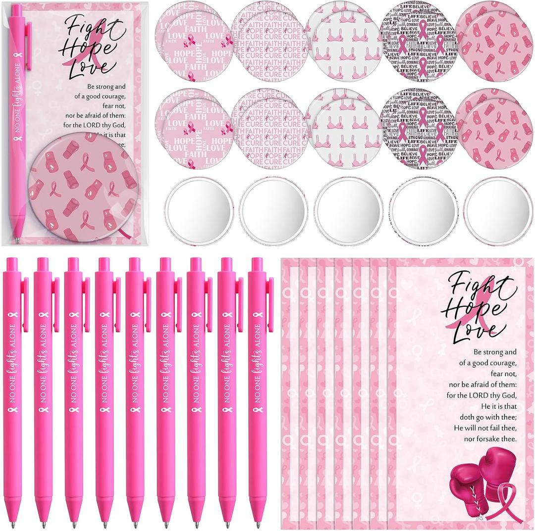 Pinkunn 25 Sets Breast Cancer Awareness Accessories Bulk Breast Cancer Gift for Women Compact Mirrors with Pink Ribbon Boxing Glove Design, Ballpoint Pens, Motivational Cards Charity Party Favors