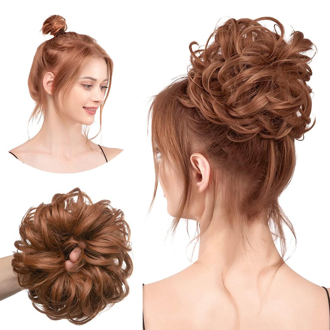 CJL HAIR Large Messy Bun Hair Piece Wavy Curly Scrunchies Synthetic Chignon Ponytail Hair Extensions Thick Updo Hairpieces for Women Light Auburn