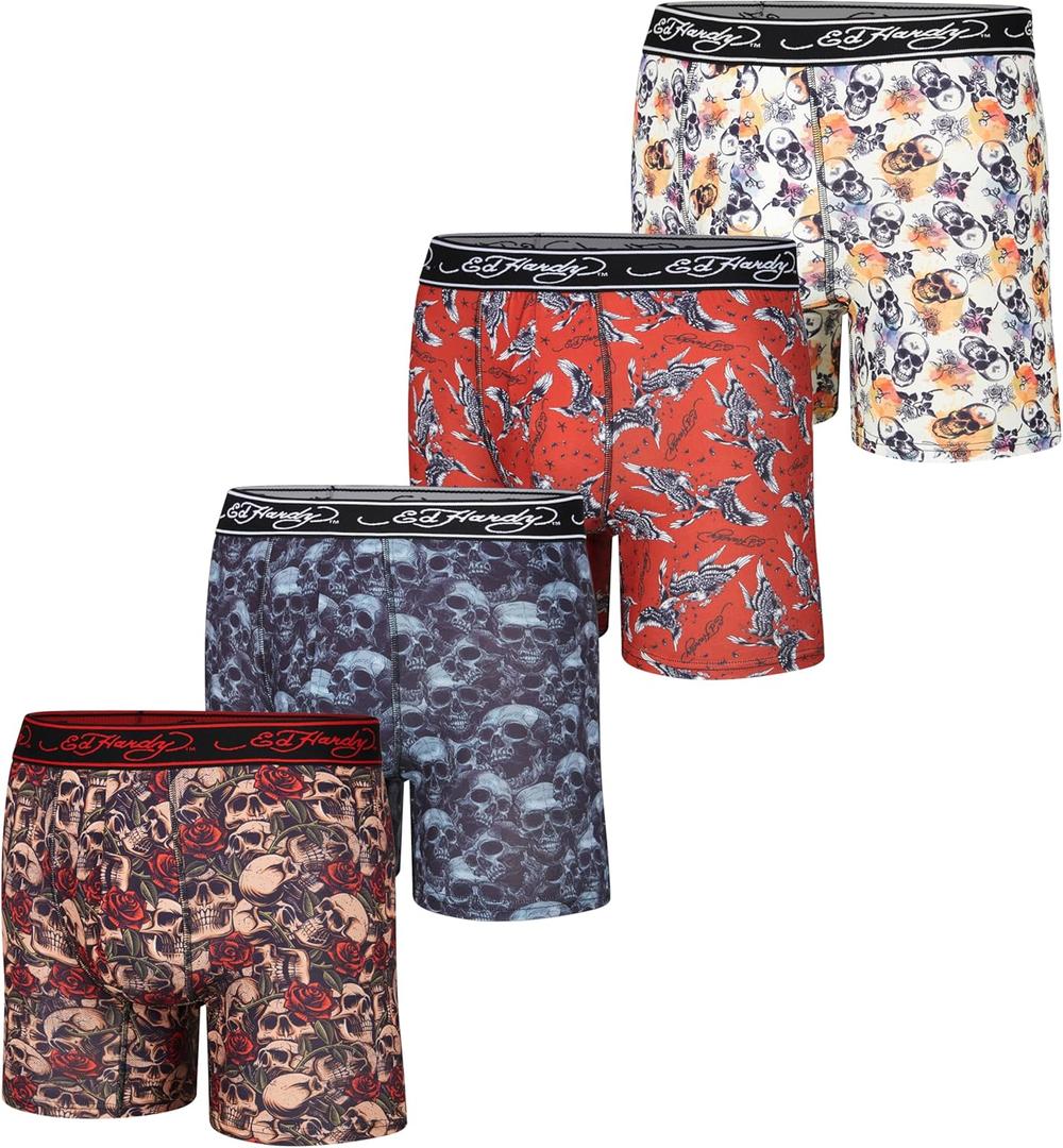 ED HARDY Mens Boxer Briefs 4 Pack, Soft Fabric Underwear, Pull On Closure, Machine Washable Comfortable Stretch Boxers (Small, 4pk - Skulls & Eagels)