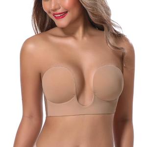 JOATEAY Sticky Bra Deep Plunge Strapless Backless Sticky Underwire Push Up Adhesive Bra (DD, Nude)